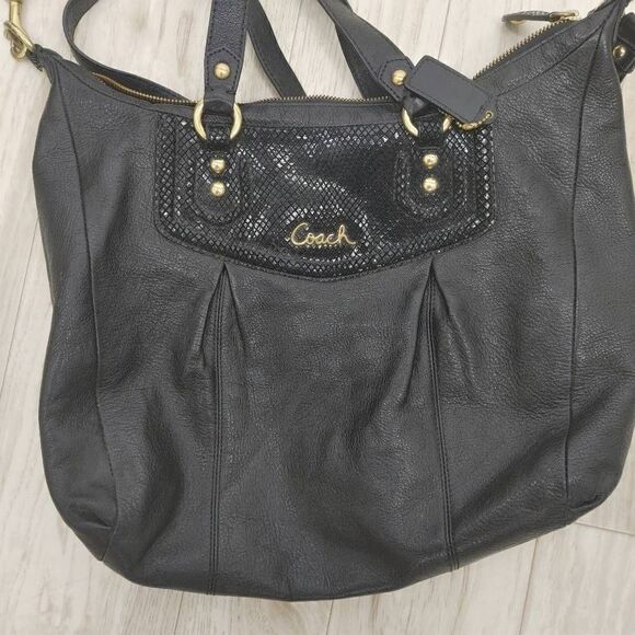 Coach Ashley 2 Way Tote Purse Shoulder Bag Black Python Leather F20104. 
L 16"
H - Picture 3 of 10